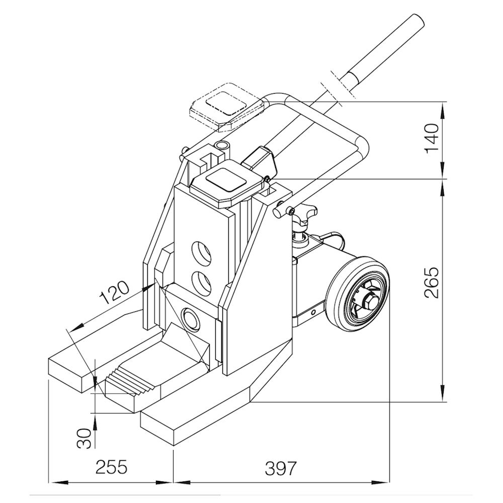 Risszeichnung des hydraulischen Hebegerätes / Maschinenhebers G5 für 5 Tonnen Traglast