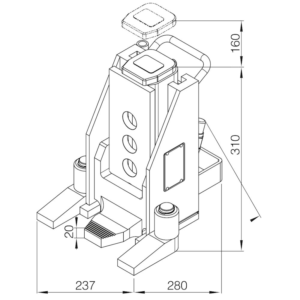 Risszeichnung des hydraulischen Hebegerätes / Maschinenhebers V10-EX für 10 Tonnen Traglast