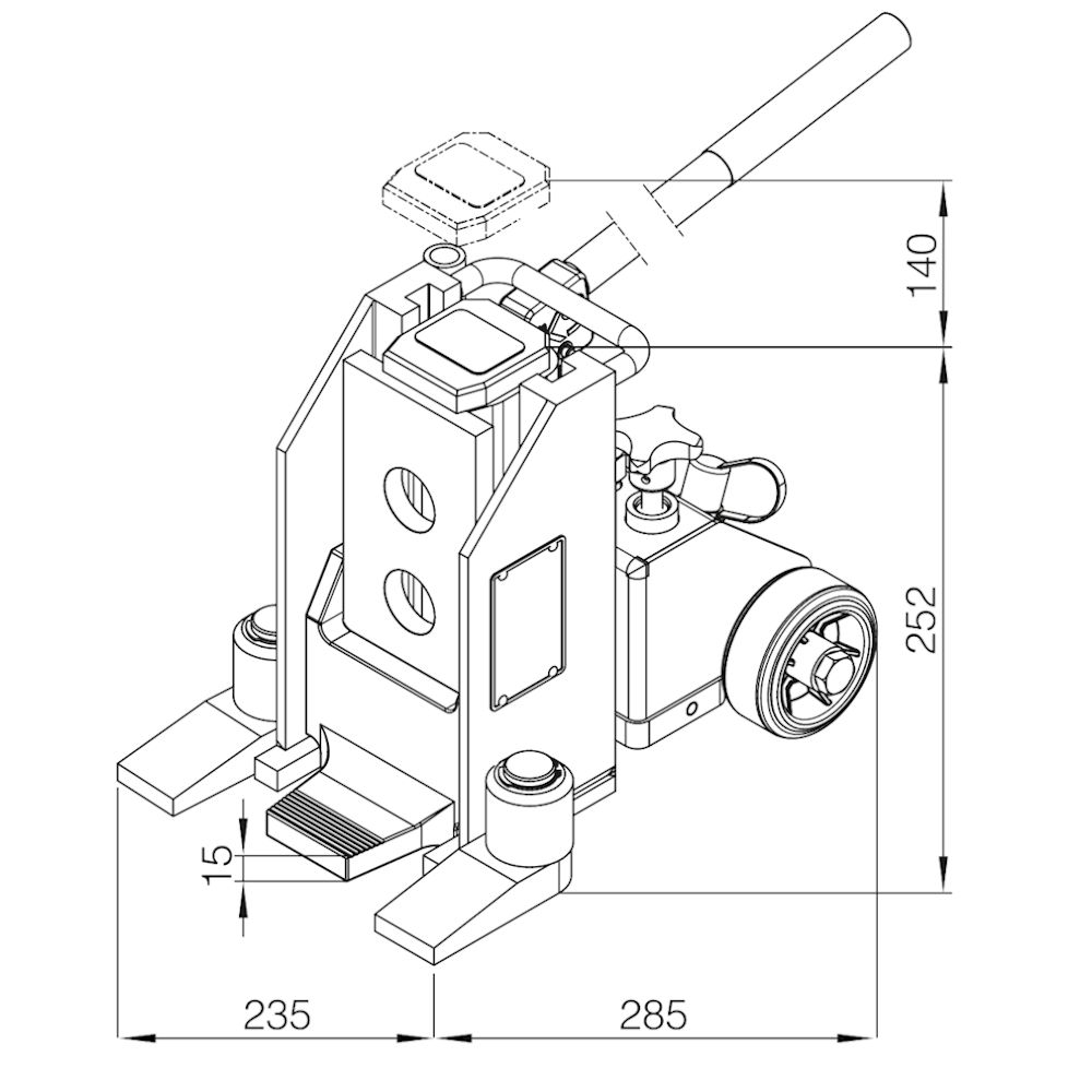 Risszeichnung des hydraulischen Hebegerätes / Maschinenhebers V10 für 10 Tonnen Traglast
