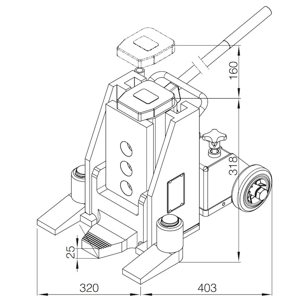 Risszeichnung des hydraulischen Hebegerätes / Maschinenhebers V15 für 15 Tonnen Traglast